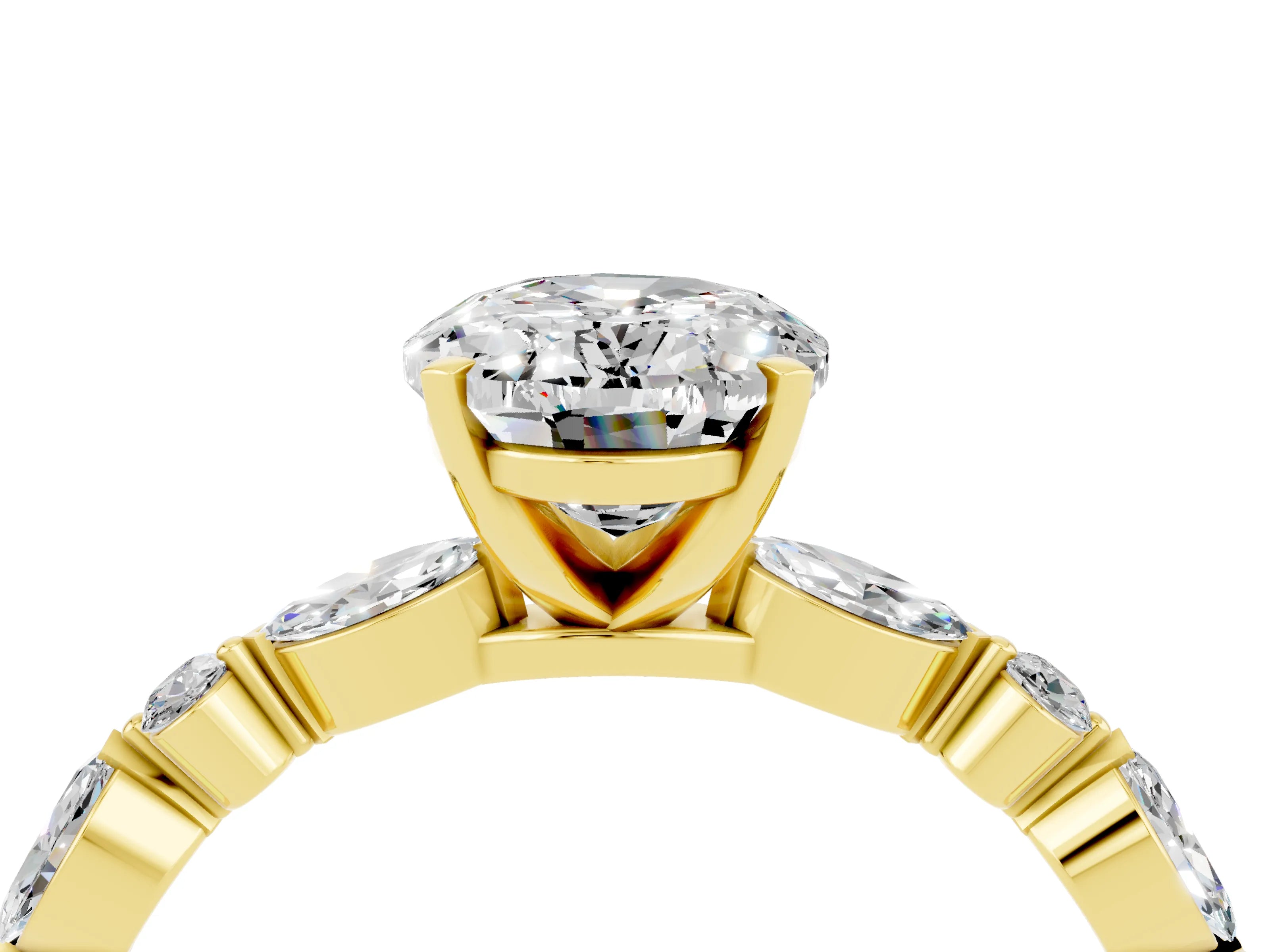 Yellow gold Oval Cut Moissanite Solitaire with Side Stones on a Pavé Band and Four-Prong Setting_4
