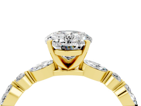Yellow gold Oval Cut Moissanite Solitaire with Side Stones on a Pavé Band and Four-Prong Setting_4