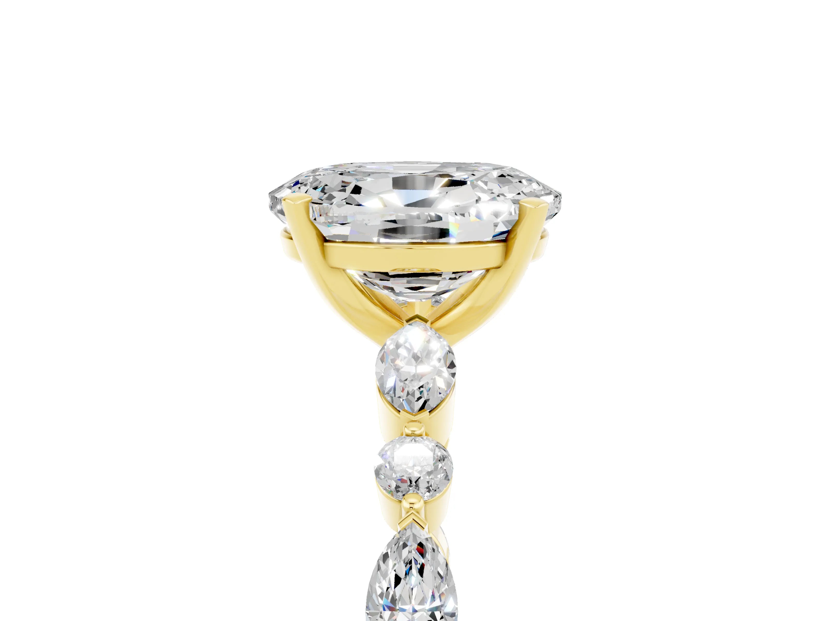 Yellow gold Oval Cut Moissanite Solitaire with Side Stones on a Pavé Band and Four-Prong Setting_5