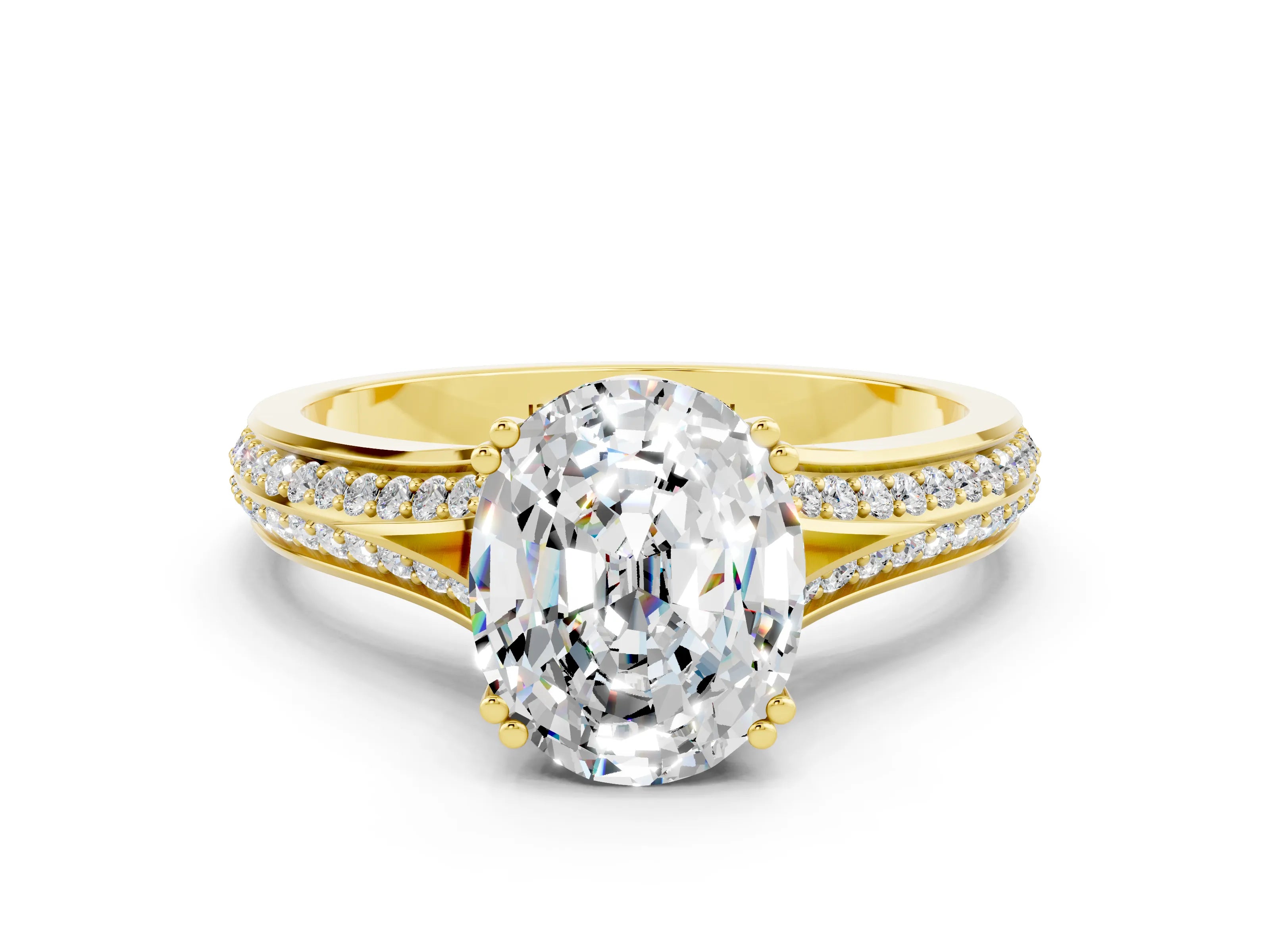 Yellow gold Oval Cut Moissanite Split Shank Engagement Ring with Pavé Band
