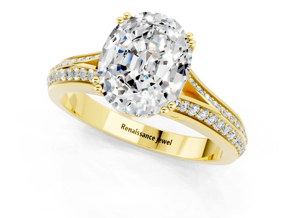 Yellow gold Oval Cut Moissanite Split Shank Engagement Ring with Pavé Band