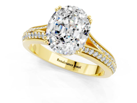 Yellow gold Oval Cut Moissanite Split Shank Engagement Ring with Pavé Band_1