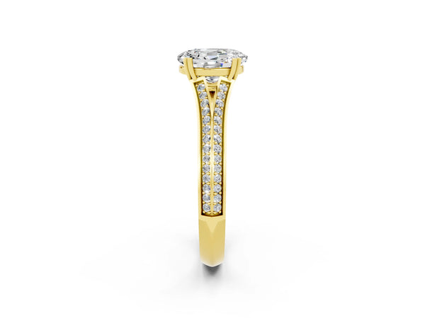 Yellow gold Oval Cut Moissanite Split Shank Engagement Ring with Pavé Band