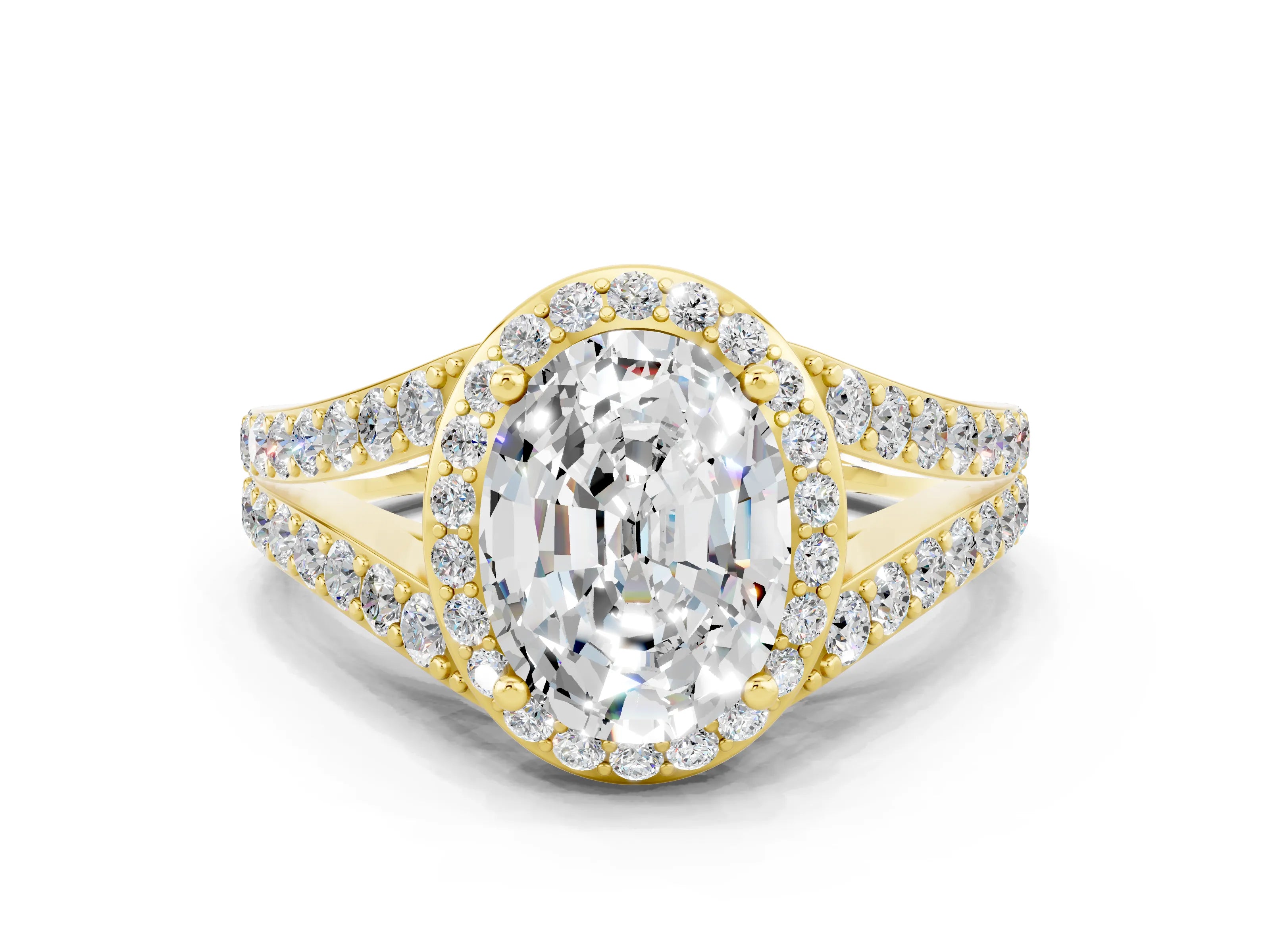 Yellow gold Oval Cut Moissanite Split Shank Halo Ring with Four-Prong Setting_12