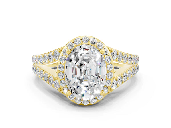 Yellow gold Oval Cut Moissanite Split Shank Halo Ring with Four-Prong Setting