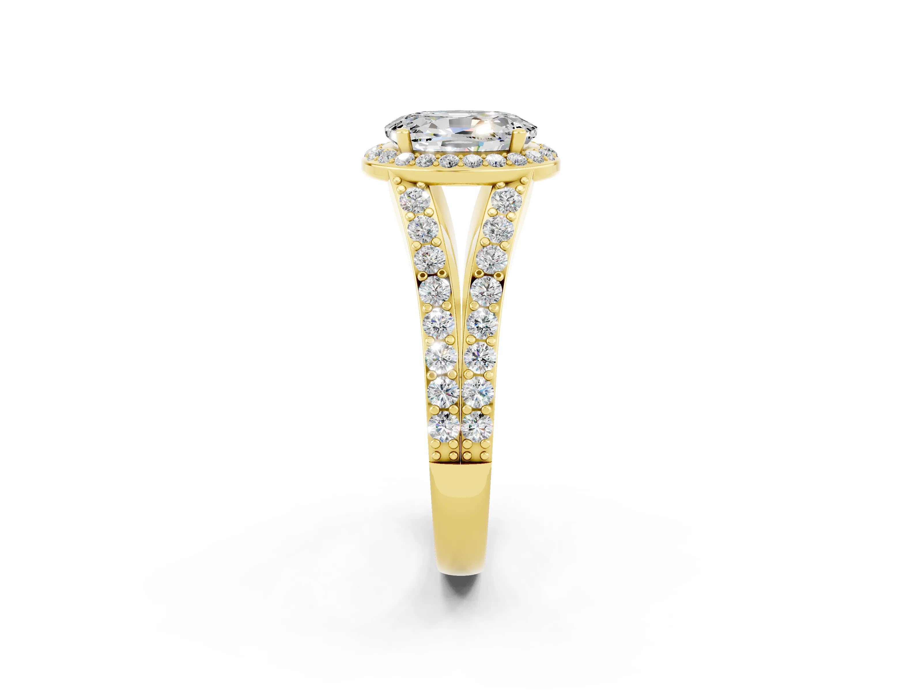 Yellow gold Oval Cut Moissanite Split Shank Halo Ring with Four-Prong Setting_14