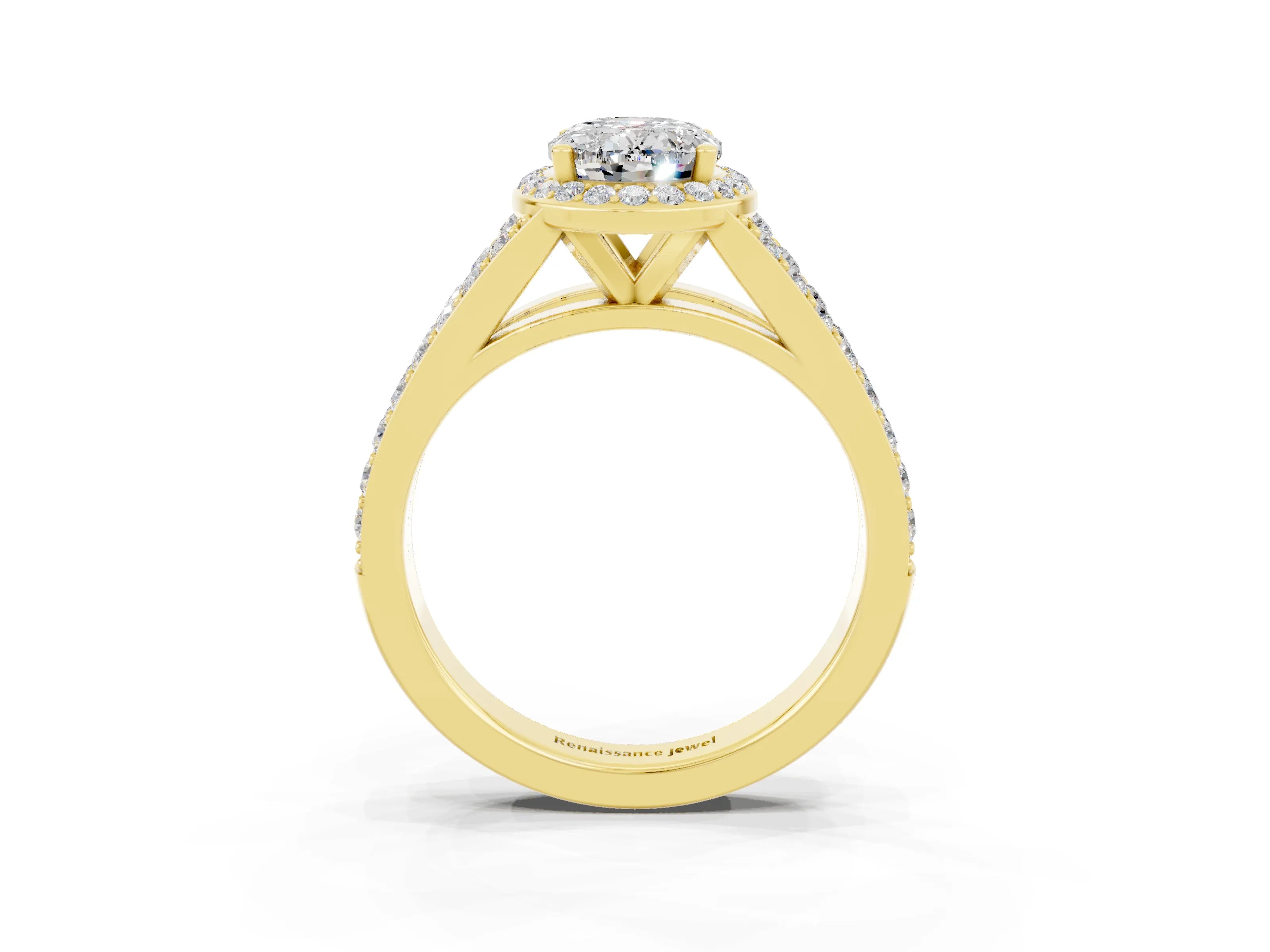 Yellow gold Oval Cut Moissanite Split Shank Halo Ring with Four-Prong Setting_15