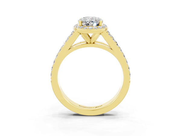 Yellow gold Oval Cut Moissanite Split Shank Halo Ring with Four-Prong Setting