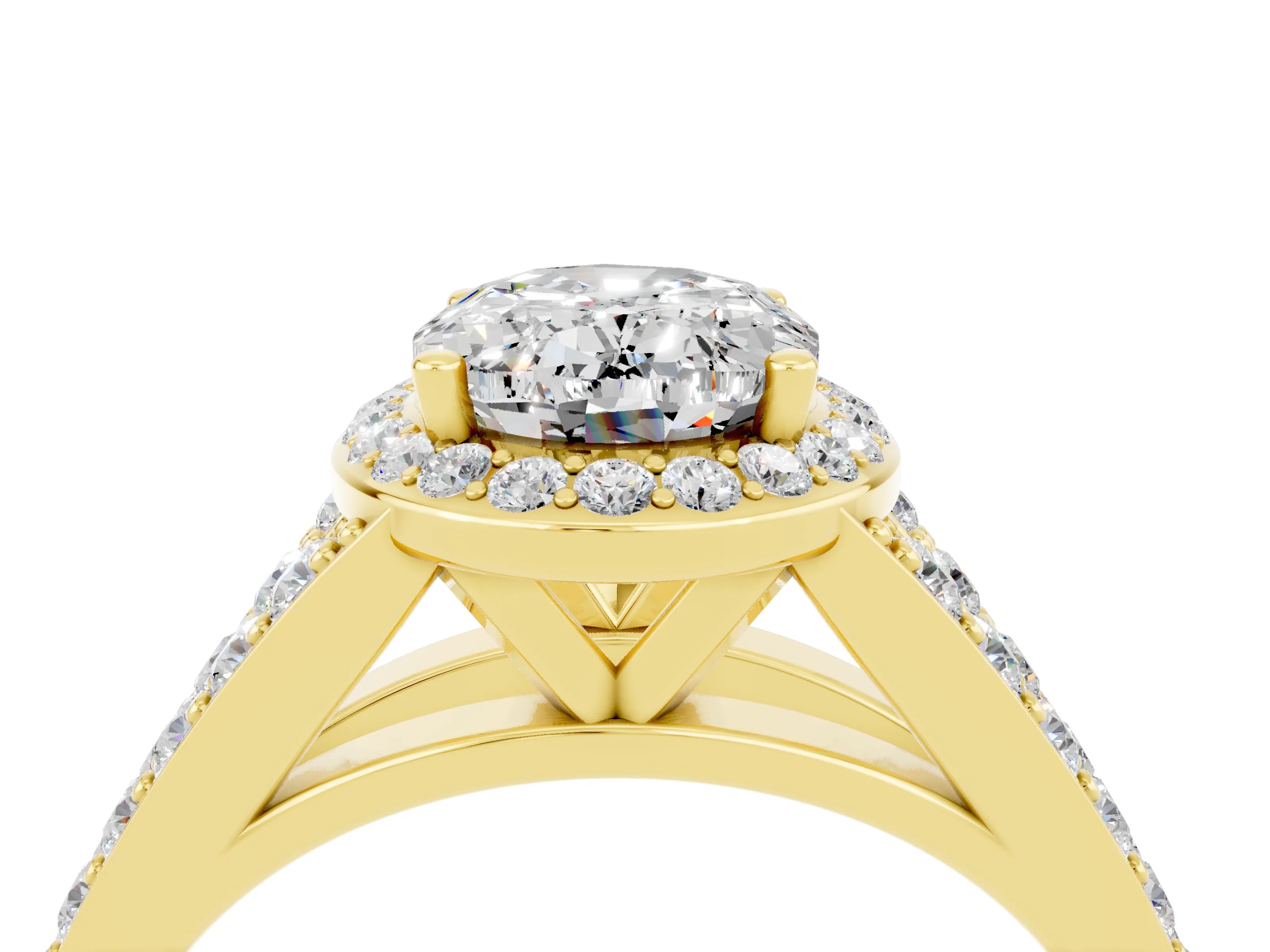 Yellow gold Oval Cut Moissanite Split Shank Halo Ring with Four-Prong Setting_16