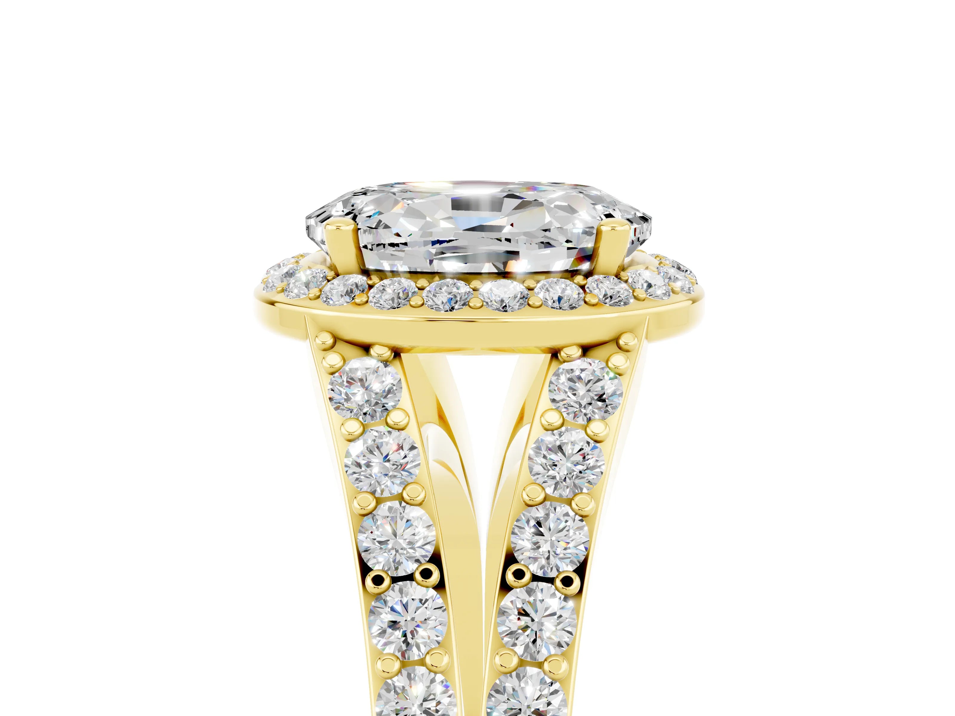 Yellow gold Oval Cut Moissanite Split Shank Halo Ring with Four-Prong Setting_17