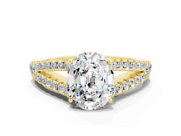 Yellow gold Oval Cut Moissanite Split Shank Pavé Engagement Ring with Four-Prong Setting