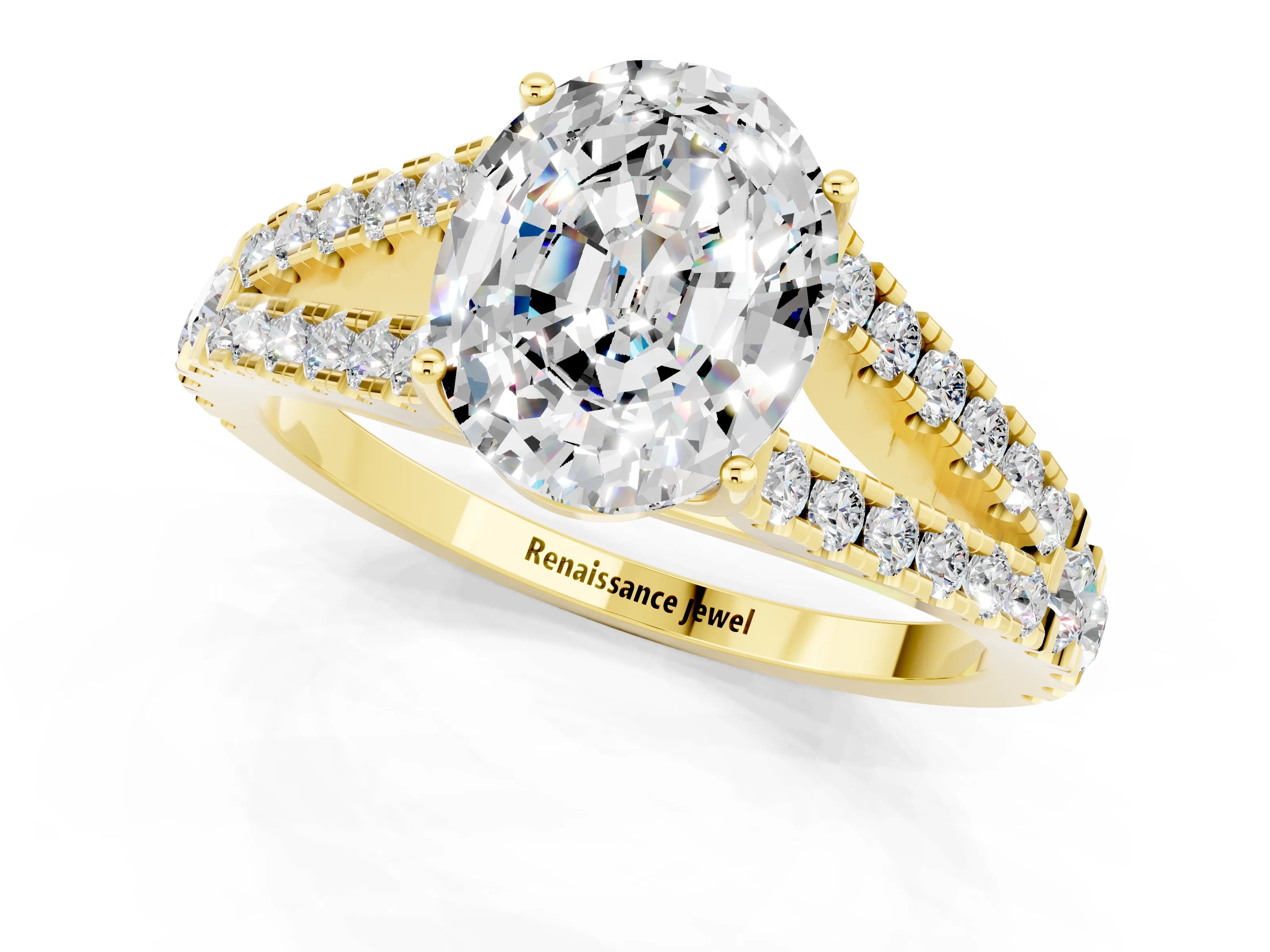 Yellow gold Oval Cut Moissanite Split Shank Pavé Engagement Ring with Four-Prong Setting_13