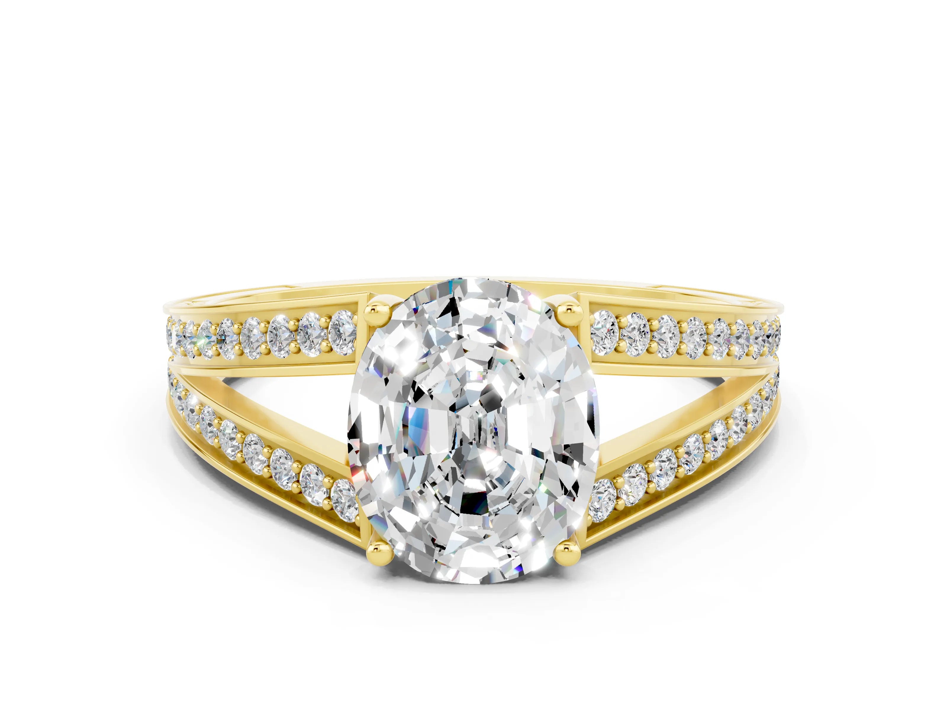 Yellow gold Oval Cut Moissanite Split Shank Ring with Pavé Band and Four-Prong Setting