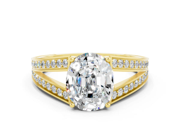 Yellow gold Oval Cut Moissanite Split Shank Ring with Pavé Band and Four-Prong Setting