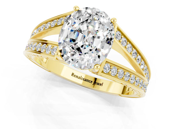 Yellow gold Oval Cut Moissanite Split Shank Ring with Pavé Band and Four-Prong Setting