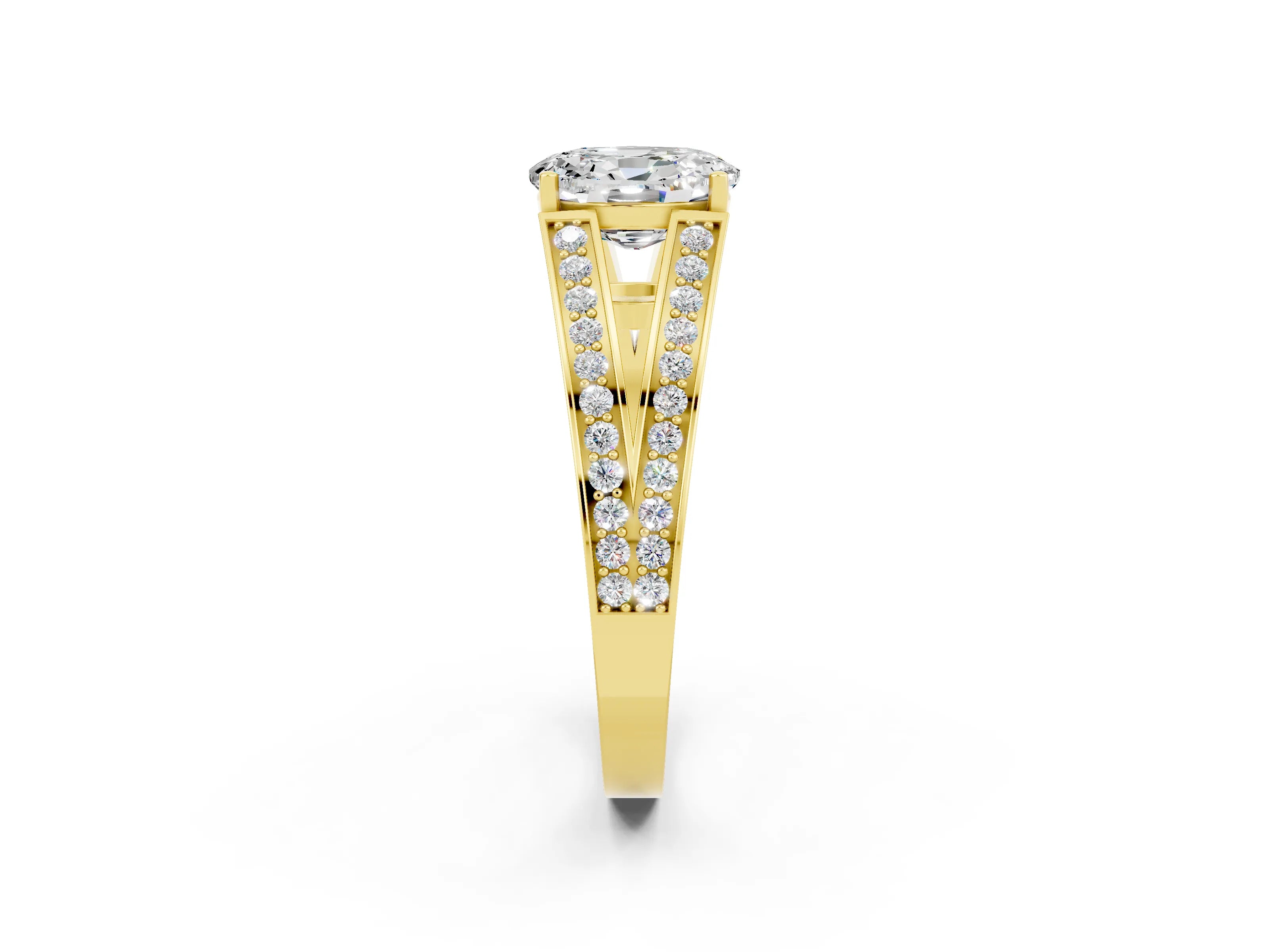 Yellow gold Oval Cut Moissanite Split Shank Ring with Pavé Band and Four-Prong Setting_2