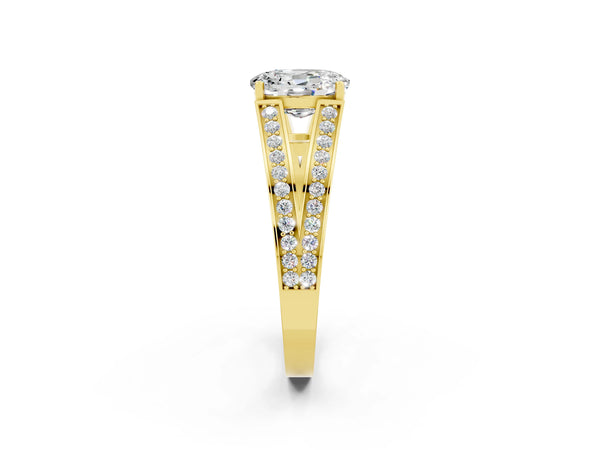 Yellow gold Oval Cut Moissanite Split Shank Ring with Pavé Band and Four-Prong Setting