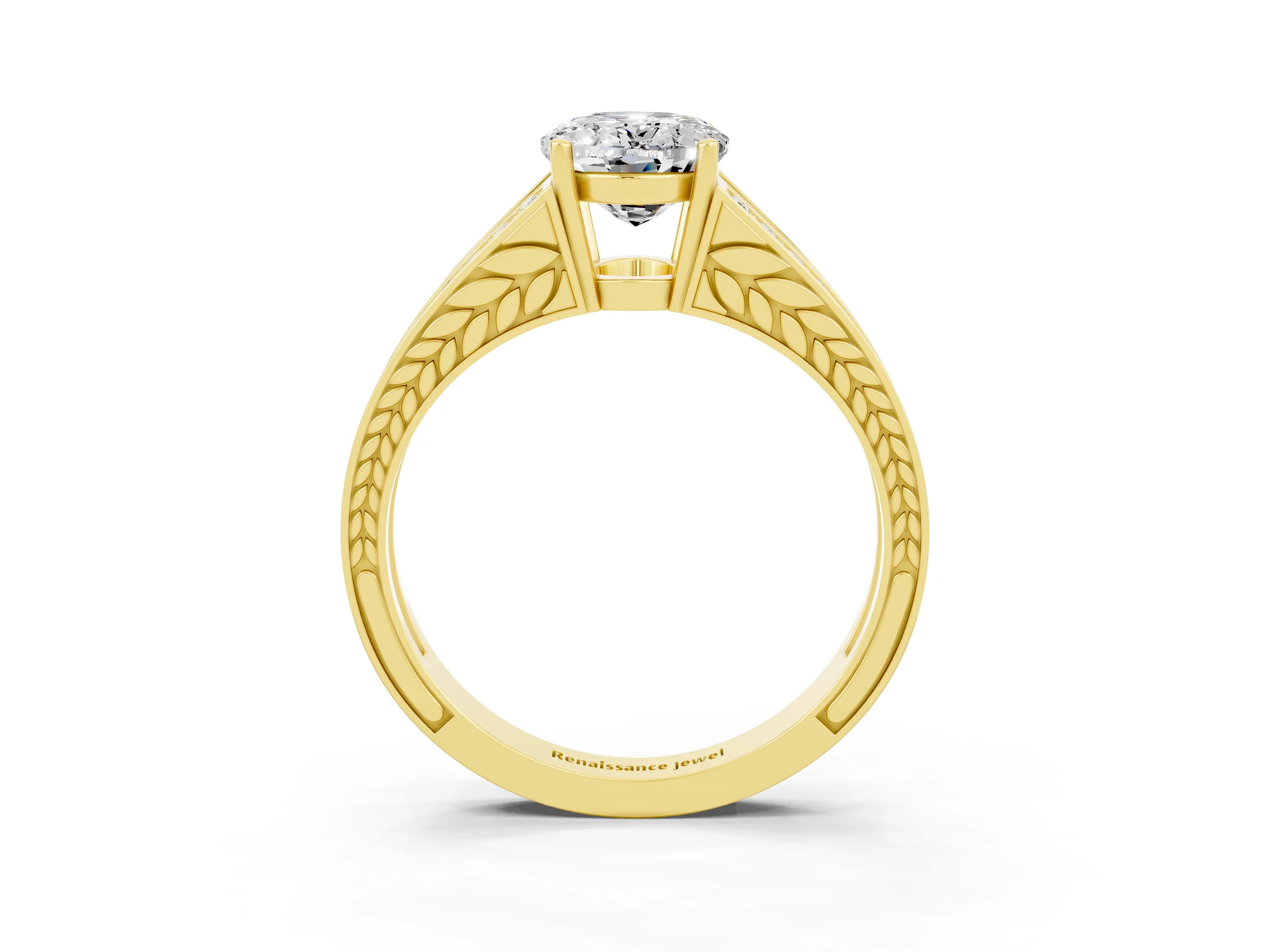 Yellow gold Oval Cut Moissanite Split Shank Ring with Pavé Band and Four-Prong Setting_3