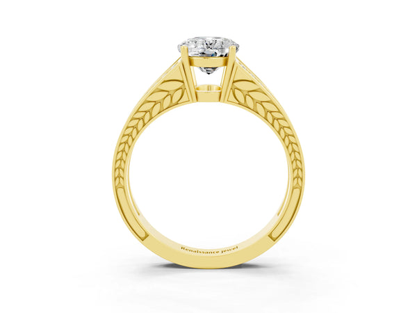 Yellow gold Oval Cut Moissanite Split Shank Ring with Pavé Band and Four-Prong Setting