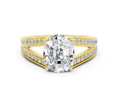 Yellow gold Oval Cut Moissanite Split Shank Ring with Pavé Band and Four-Prong Setting