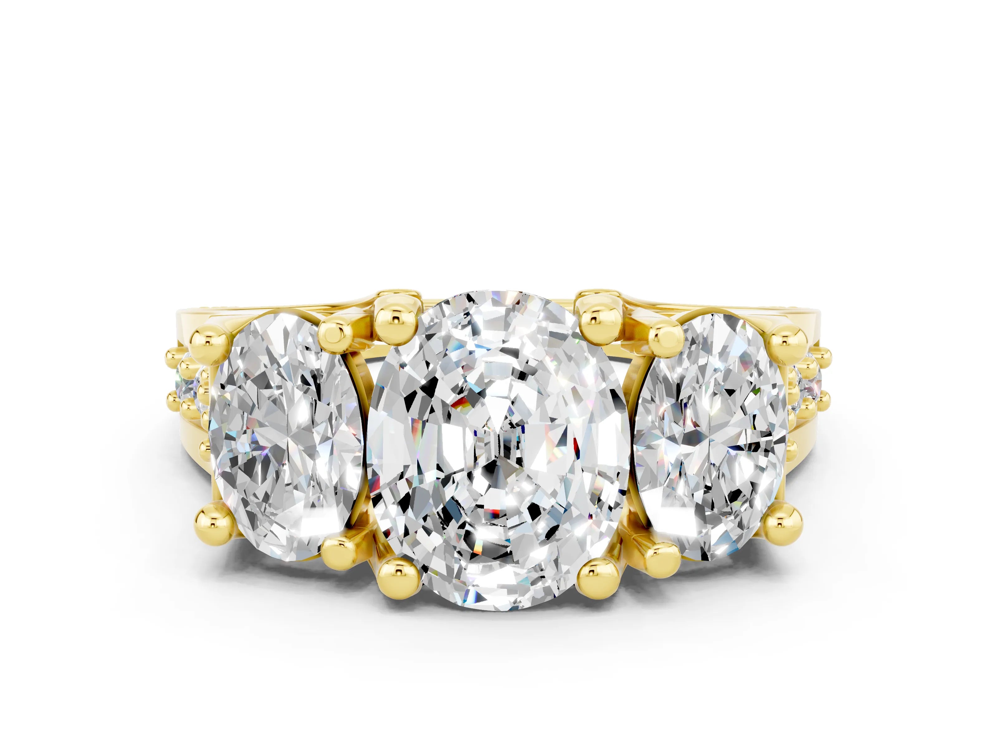 Yellow gold Oval Cut Moissanite Three-Stone Ring with Channel Set Band and Four-Prong Setting