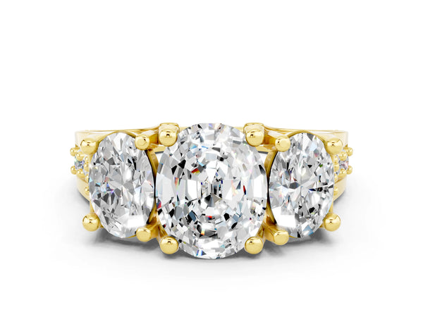 Yellow gold Oval Cut Moissanite Three-Stone Ring with Channel Set Band and Four-Prong Setting