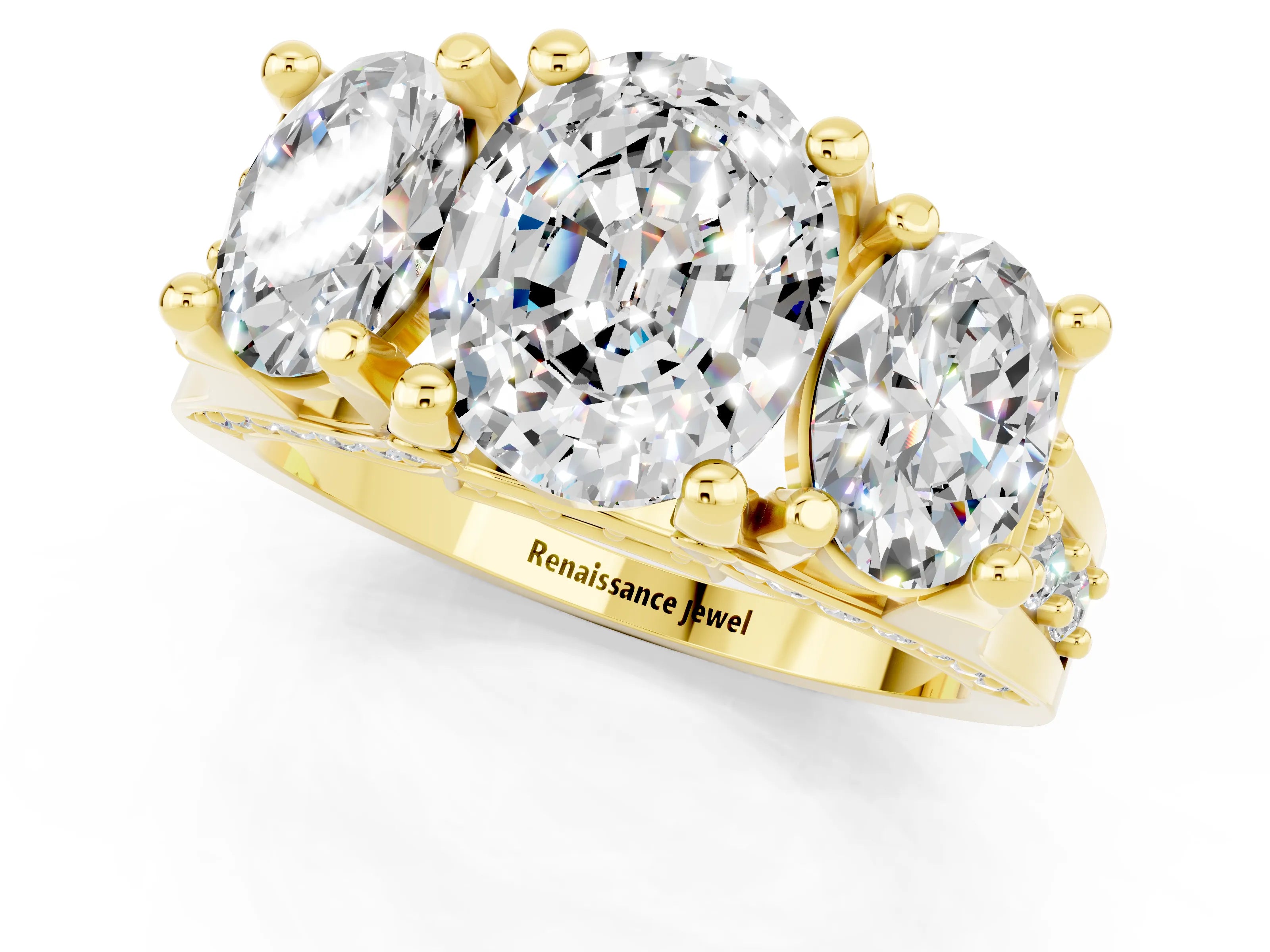 Yellow gold Oval Cut Moissanite Three-Stone Ring with Channel Set Band and Four-Prong Setting_1