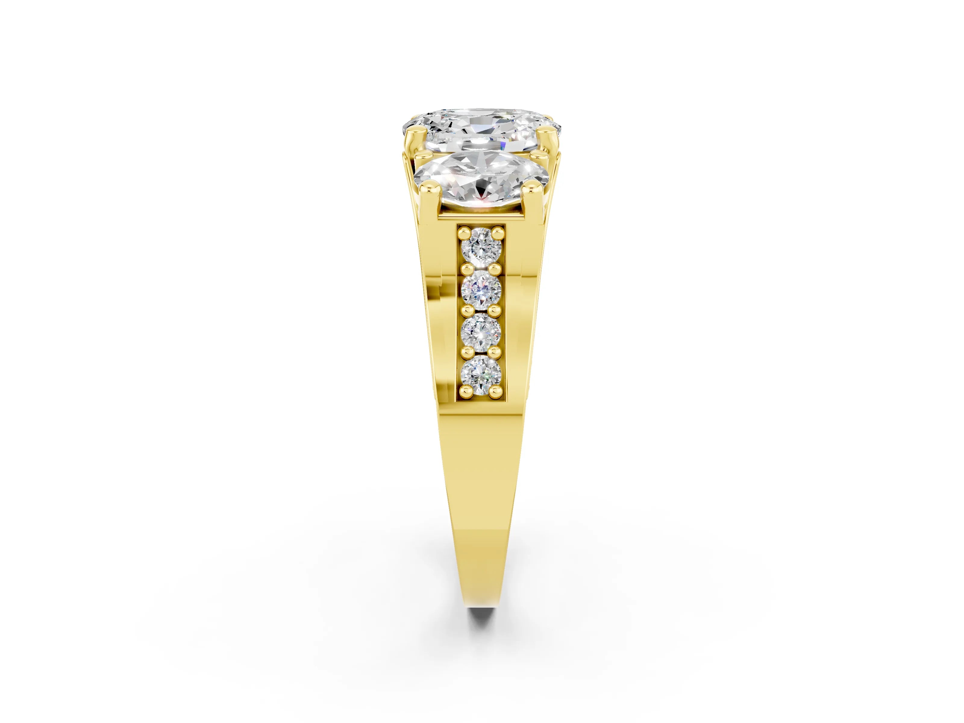 Yellow gold Oval Cut Moissanite Three-Stone Ring with Channel Set Band and Four-Prong Setting_2