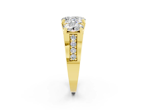 Yellow gold Oval Cut Moissanite Three-Stone Ring with Channel Set Band and Four-Prong Setting