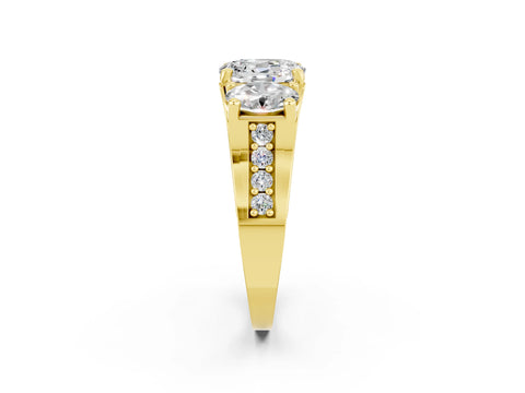 Yellow gold Oval Cut Moissanite Three-Stone Ring with Channel Set Band and Four-Prong Setting_2