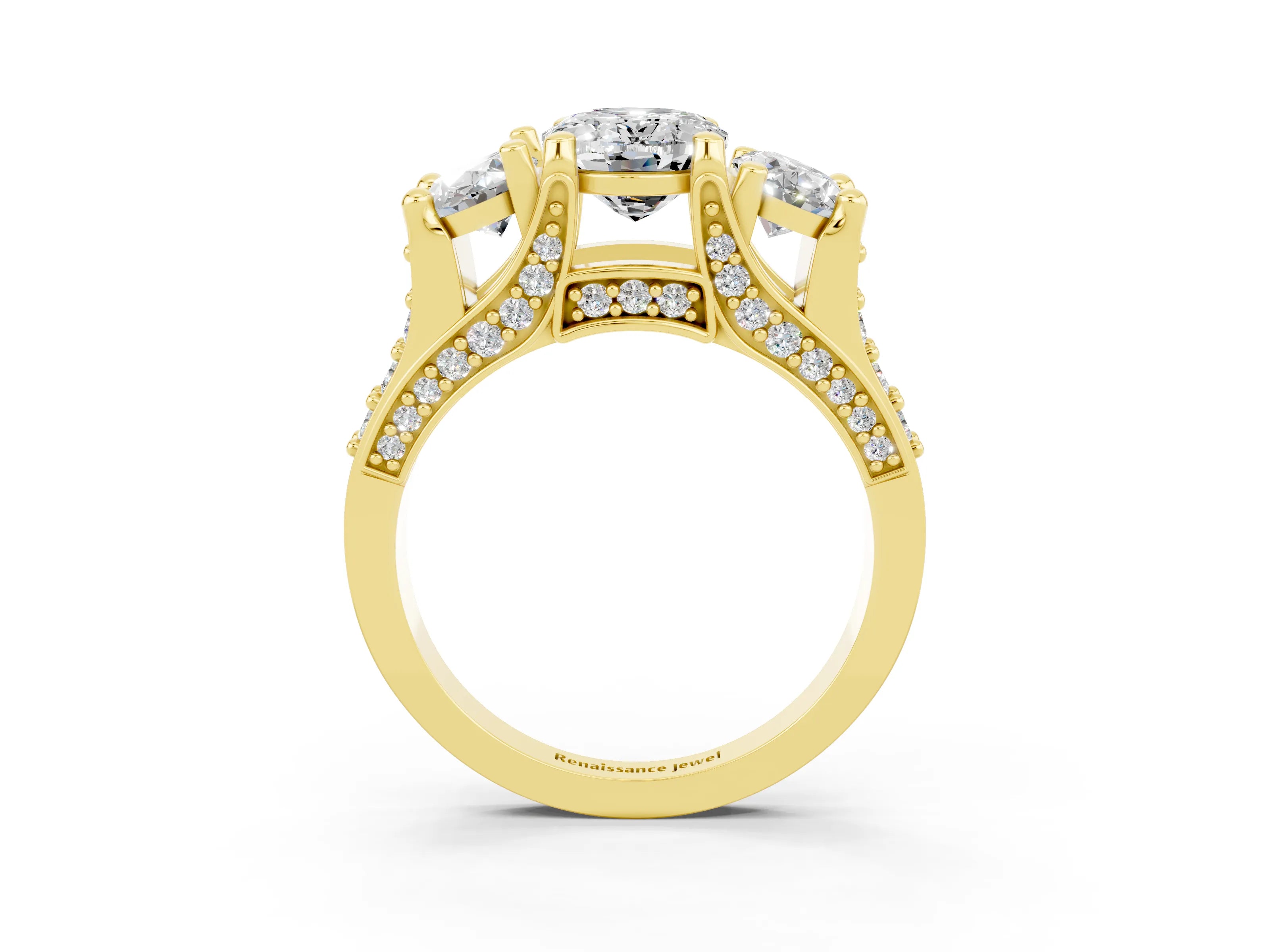 Yellow gold Oval Cut Moissanite Three-Stone Ring with Channel Set Band and Four-Prong Setting_3