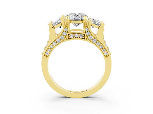 Yellow gold Oval Cut Moissanite Three-Stone Ring with Channel Set Band and Four-Prong Setting