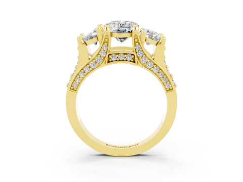 Yellow gold Oval Cut Moissanite Three-Stone Ring with Channel Set Band and Four-Prong Setting_3