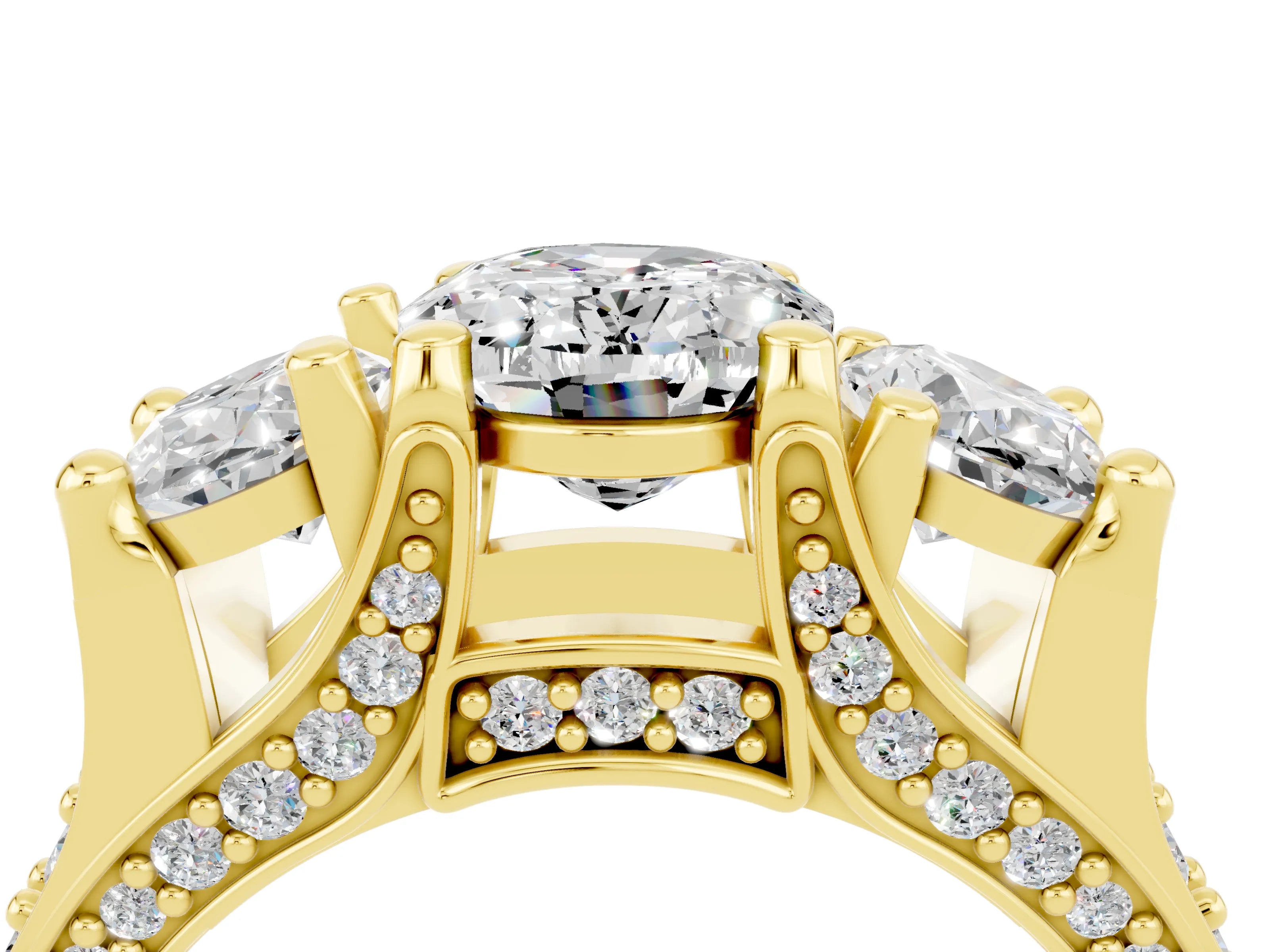 Yellow gold Oval Cut Moissanite Three-Stone Ring with Channel Set Band and Four-Prong Setting_4