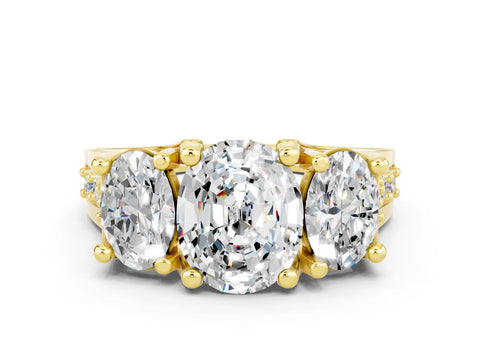 Yellow gold Oval Cut Moissanite Three-Stone Ring with Channel Set Band and Four-Prong Setting