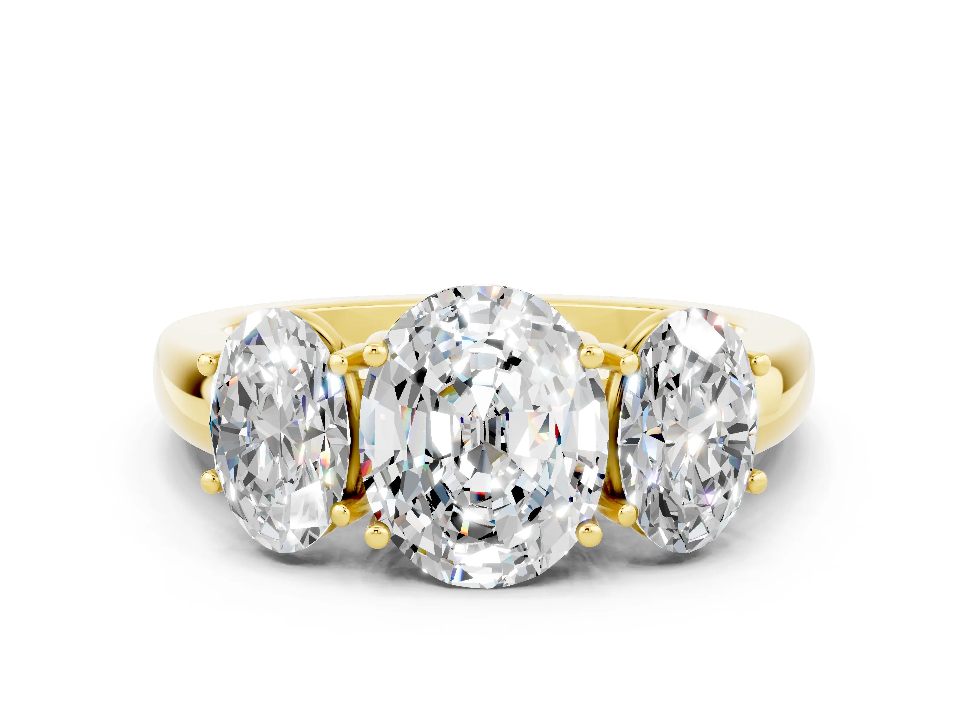 Yellow gold Oval Cut Moissanite Three-Stone Ring with Four-Prong Setting and Classic Band