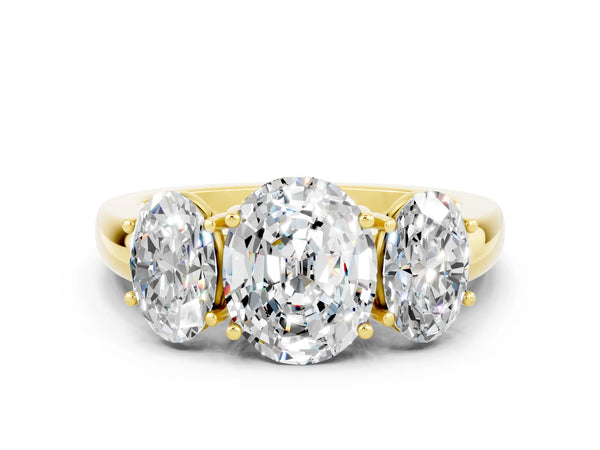 Yellow gold Oval Cut Moissanite Three-Stone Ring with Four-Prong Setting and Classic Band
