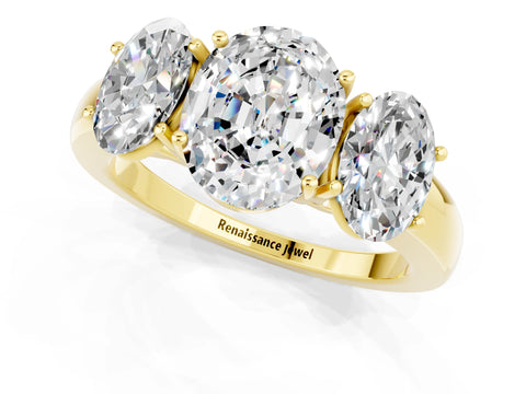 Yellow gold Oval Cut Moissanite Three-Stone Ring with Four-Prong Setting and Classic Band_1