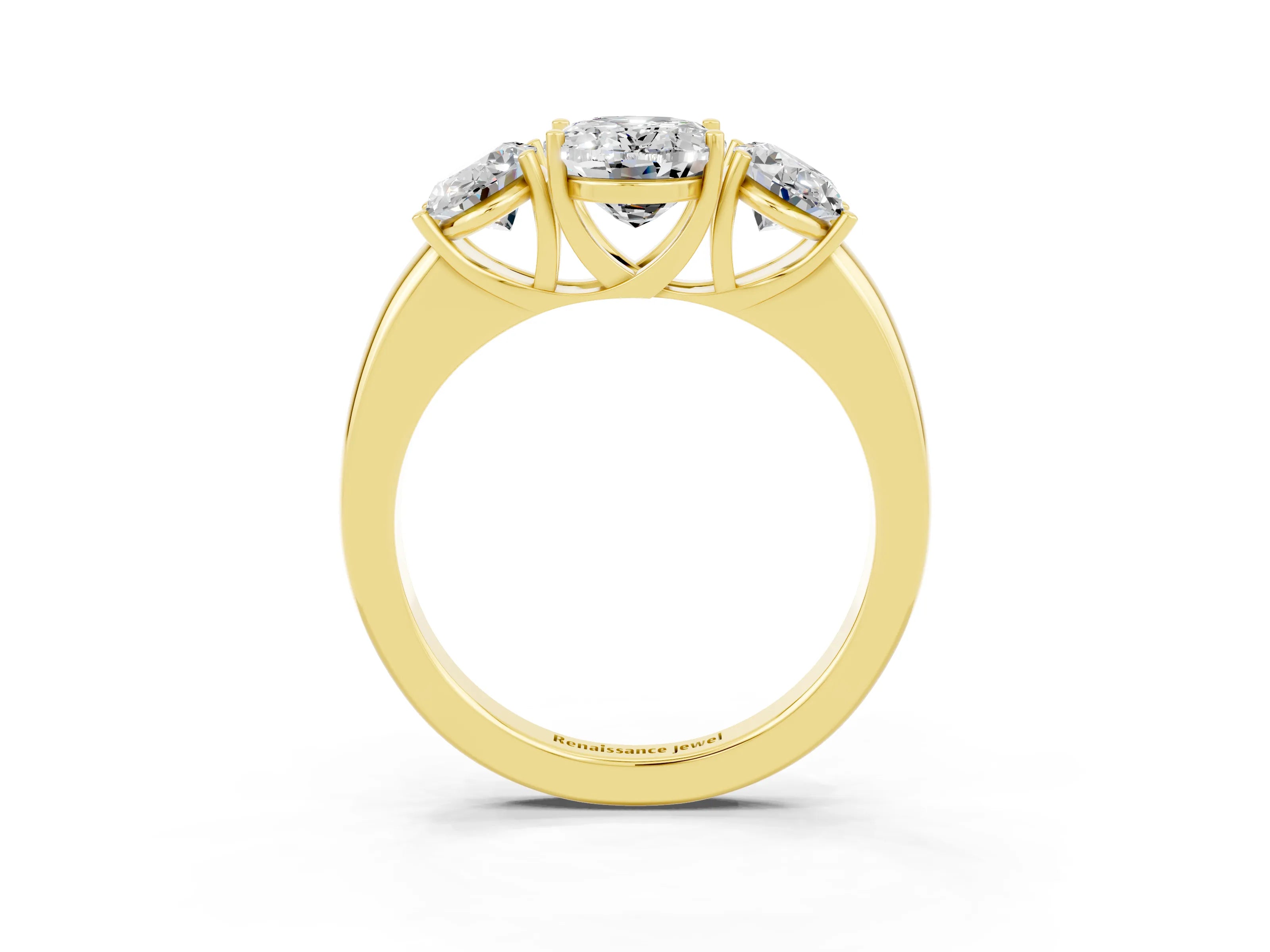 Yellow gold Oval Cut Moissanite Three-Stone Ring with Four-Prong Setting and Classic Band_3