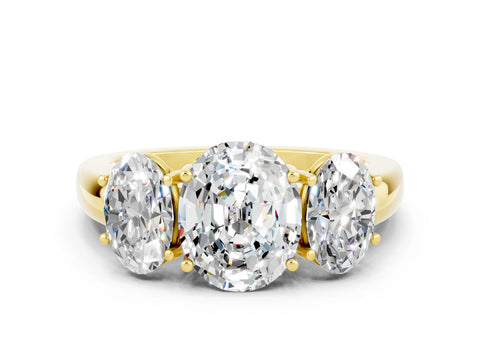 Yellow gold Oval Cut Moissanite Three-Stone Ring with Four-Prong Setting and Classic Band