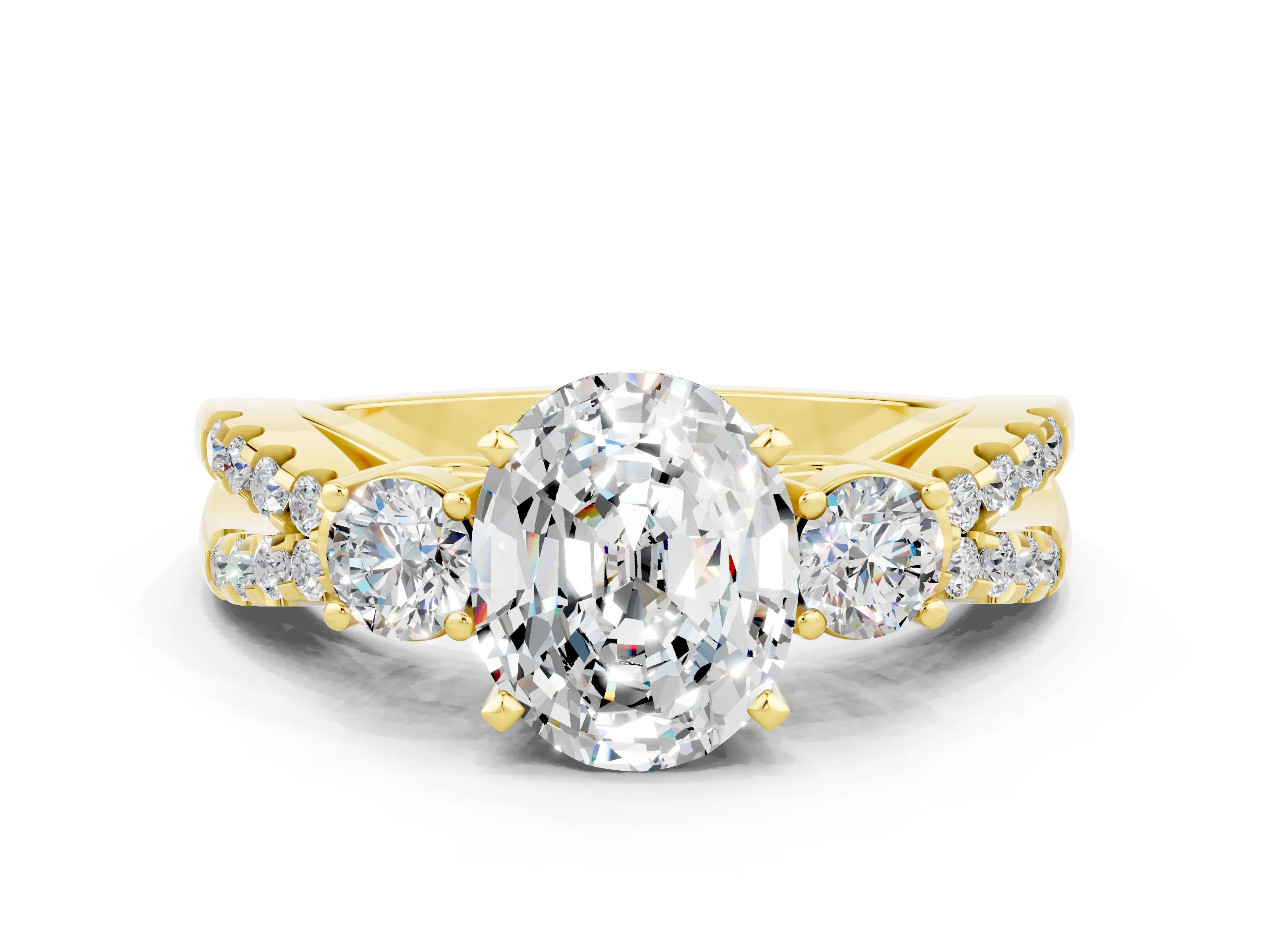 Yellow gold Oval Cut Moissanite Three-Stone Ring with Pavé Split Shank and Four-Prong Setting_12
