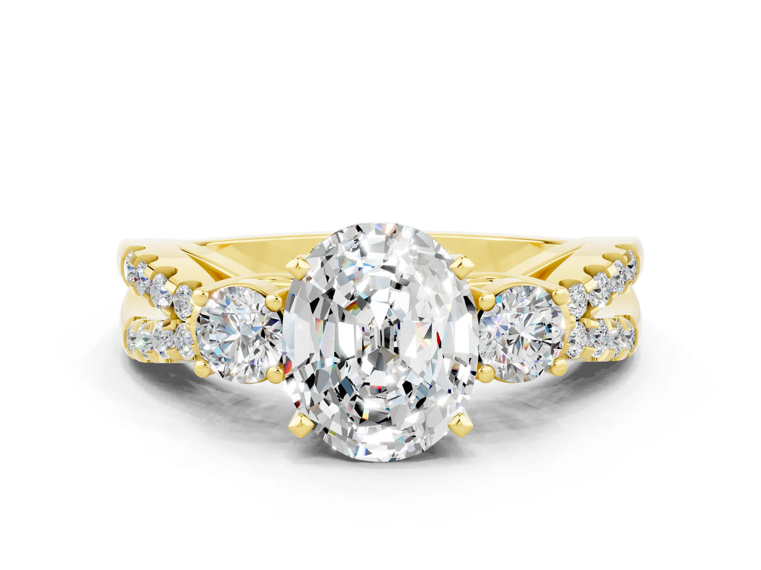 Yellow gold Oval Cut Moissanite Three-Stone Ring with Pavé Split Shank and Four-Prong Setting_12