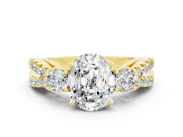 Yellow gold Oval Cut Moissanite Three-Stone Ring with Pavé Split Shank and Four-Prong Setting