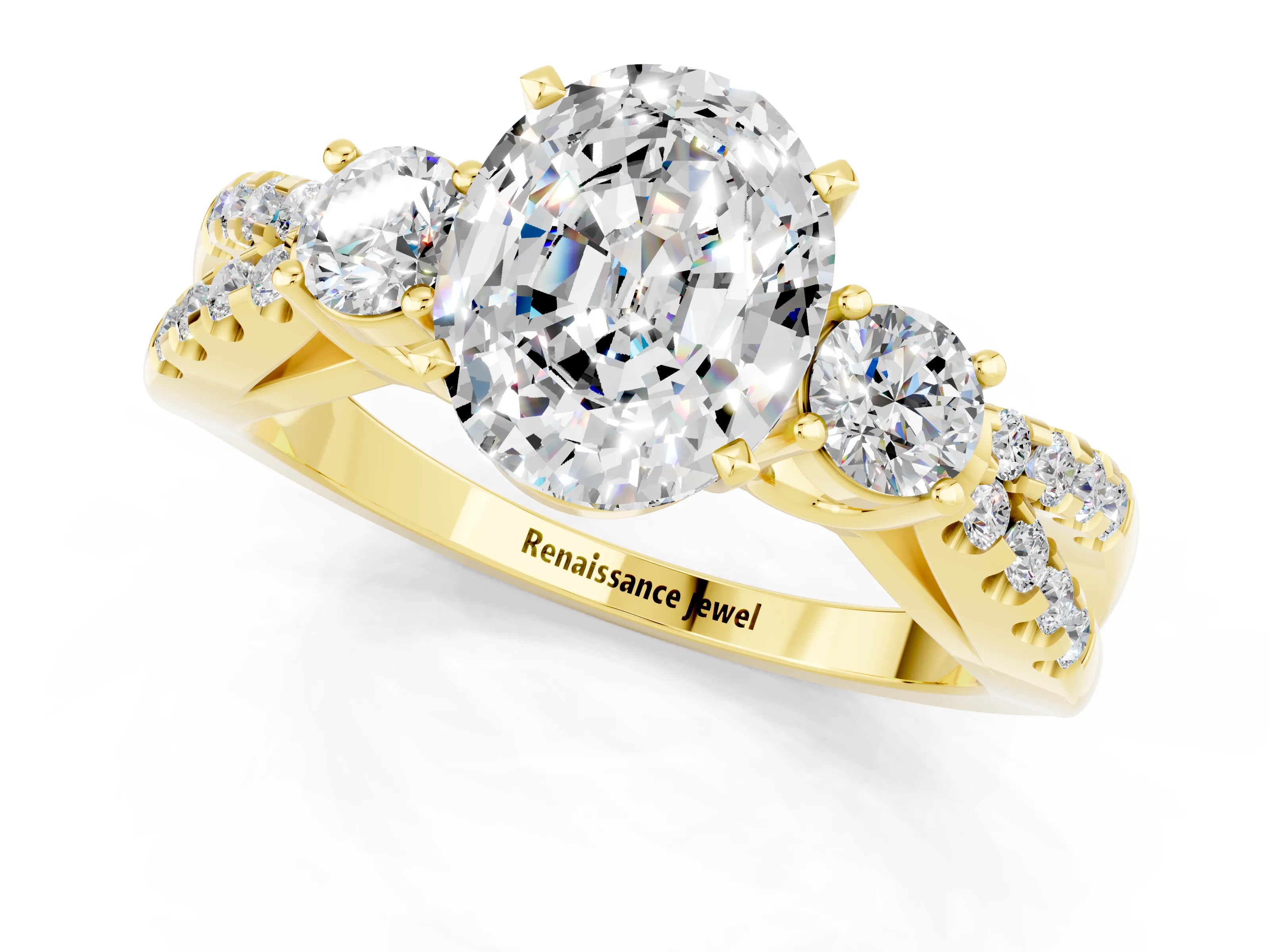 Yellow gold Oval Cut Moissanite Three-Stone Ring with Pavé Split Shank and Four-Prong Setting_13