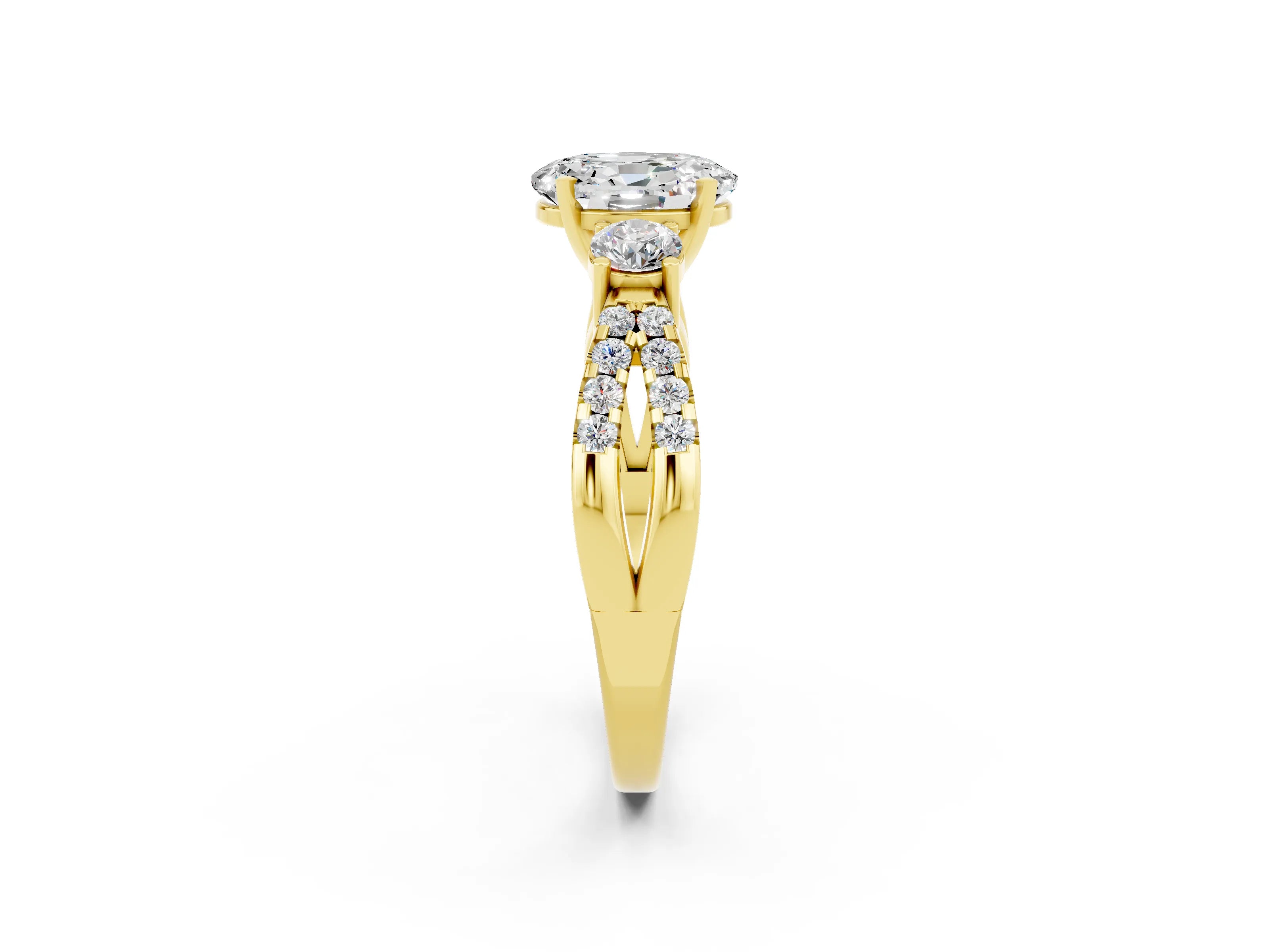 Yellow gold Oval Cut Moissanite Three-Stone Ring with Pavé Split Shank and Four-Prong Setting_14