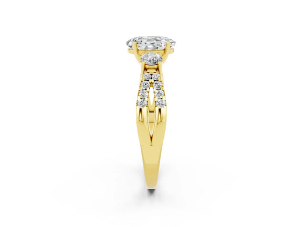Yellow gold Oval Cut Moissanite Three-Stone Ring with Pavé Split Shank and Four-Prong Setting