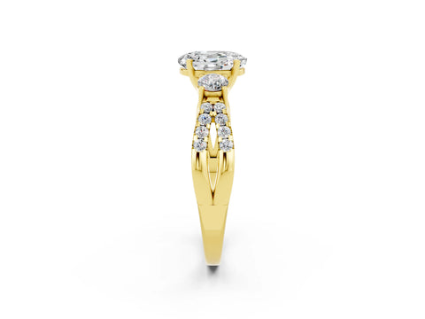 Yellow gold Oval Cut Moissanite Three-Stone Ring with Pavé Split Shank and Four-Prong Setting_14