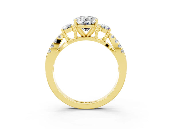 Yellow gold Oval Cut Moissanite Three-Stone Ring with Pavé Split Shank and Four-Prong Setting