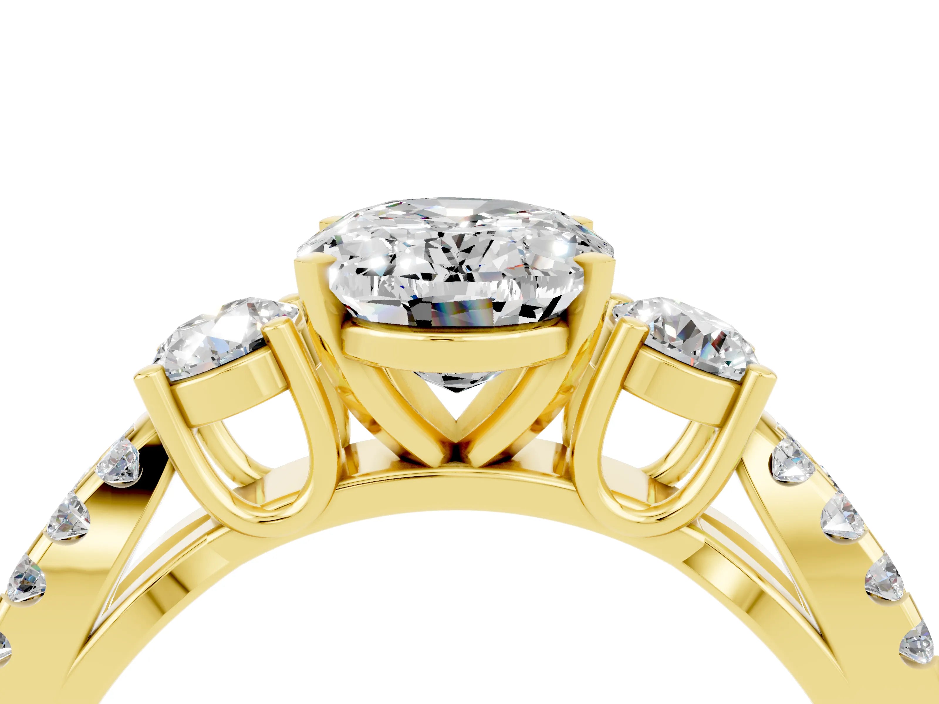 Yellow gold Oval Cut Moissanite Three-Stone Ring with Pavé Split Shank and Four-Prong Setting_16