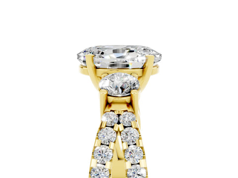 Yellow gold Oval Cut Moissanite Three-Stone Ring with Pavé Split Shank and Four-Prong Setting_17
